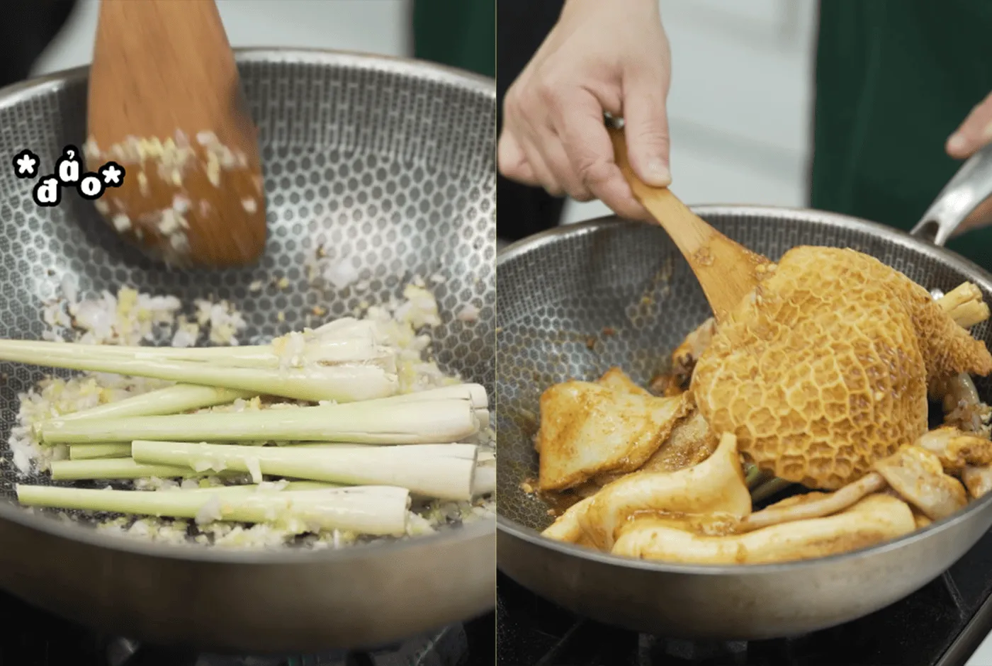 Quá trình xào lòng bò cùng sả và các loại thảo mộc khô