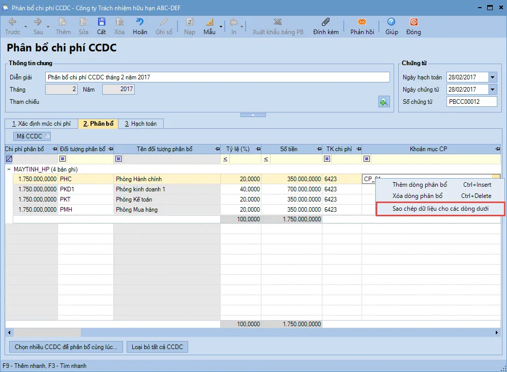 Phân bổ CCDC vào đối tượng chịu phí