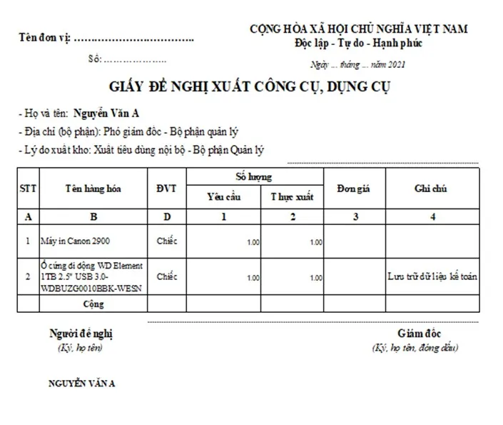 Giấy đề nghị xuất công cụ, dụng cụ