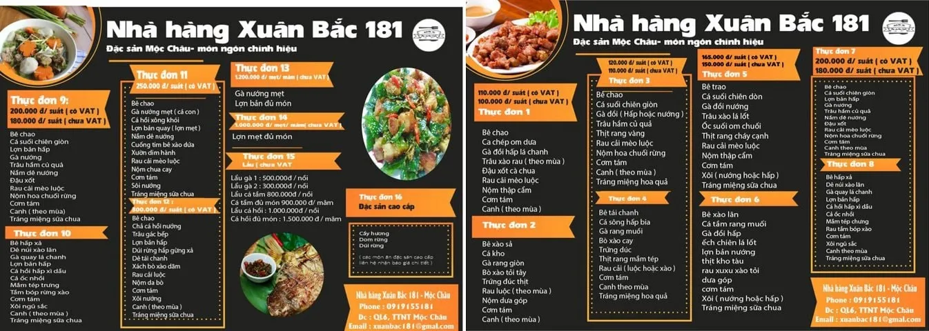 Menu đa dạng tại quán Xuân Bắc 181 với các món đặc sản Tây Bắc