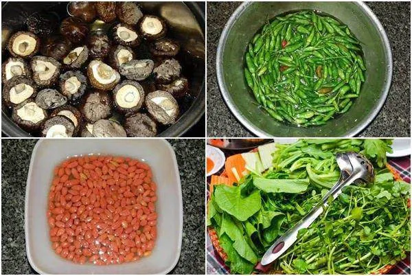 Rau củ, nấm hương và kỷ tử đã sơ chế sạch cho món gà tiềm ớt hiểm