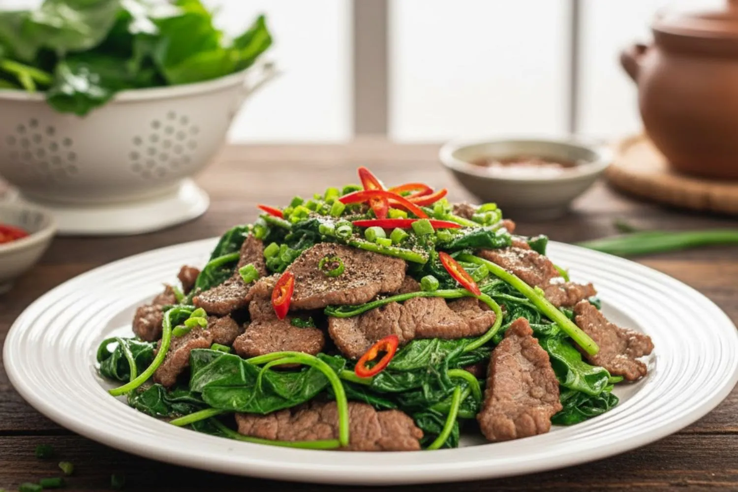 Nguyên liệu chuẩn bị cho món thịt bò xào mồng tơi tươi ngon