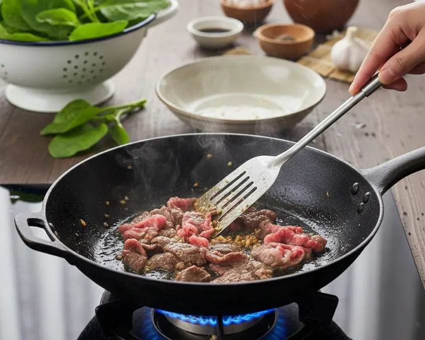 Công đoạn xào thịt bò nhanh tay trên lửa lớn để giữ độ mềm mọng