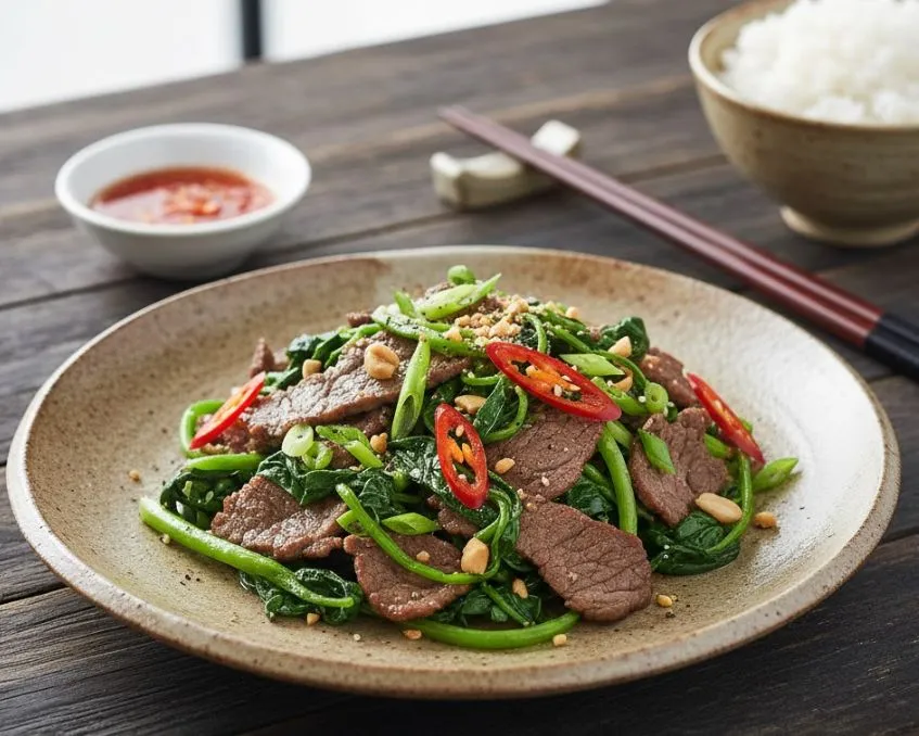 Trình bày món thịt bò xào mồng tơi đẹp mắt và hấp dẫn