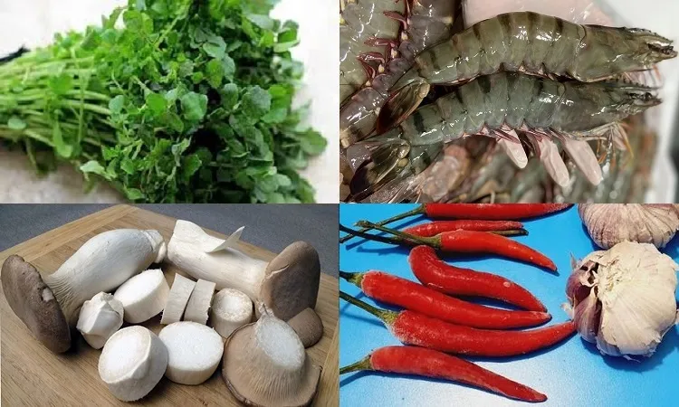 Rau cải xoong xào tôm với tôm đỏ au và nấm đùi gà dai giòn