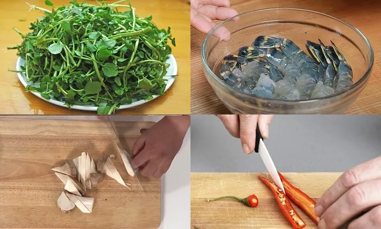 Hỗn hợp tôm, nấm và rau cải xoong được đảo đều trong chảo nóng