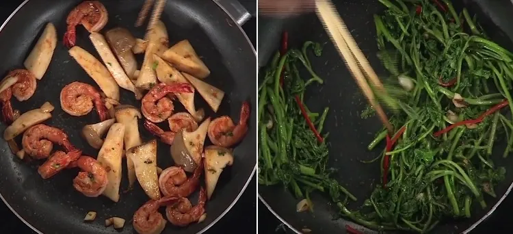 Đĩa cải xoong xào tôm hấp dẫn với màu xanh tươi của rau và đỏ của tôm