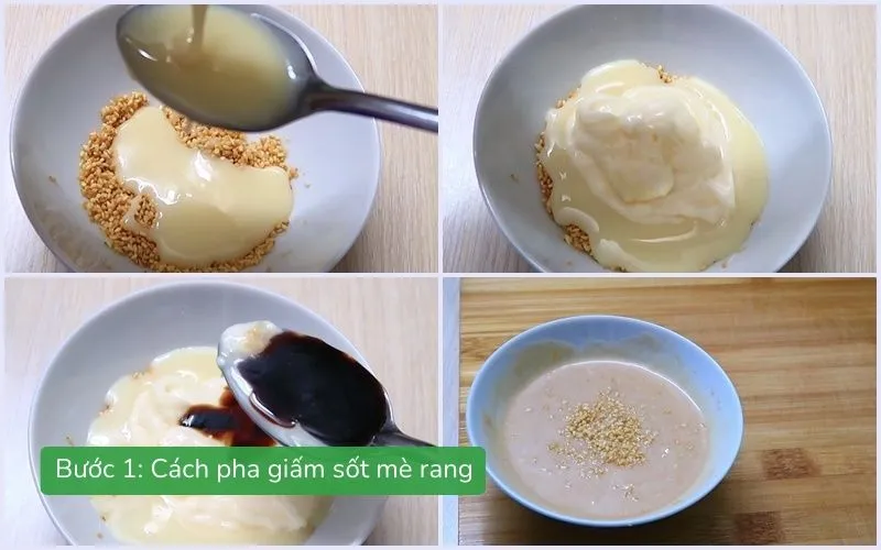 Chén giấm sốt mè rang hòa quyện, mè rang rắc trên mặt