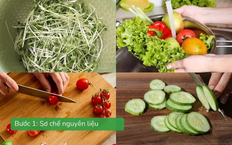 Sơ chế rau mầm, dưa chuột và cà chua bi tươi sạch