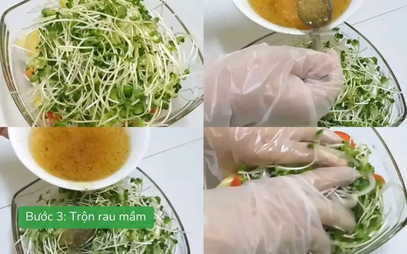 Trộn salad rau mầm với dầu giấm trong tô lớn