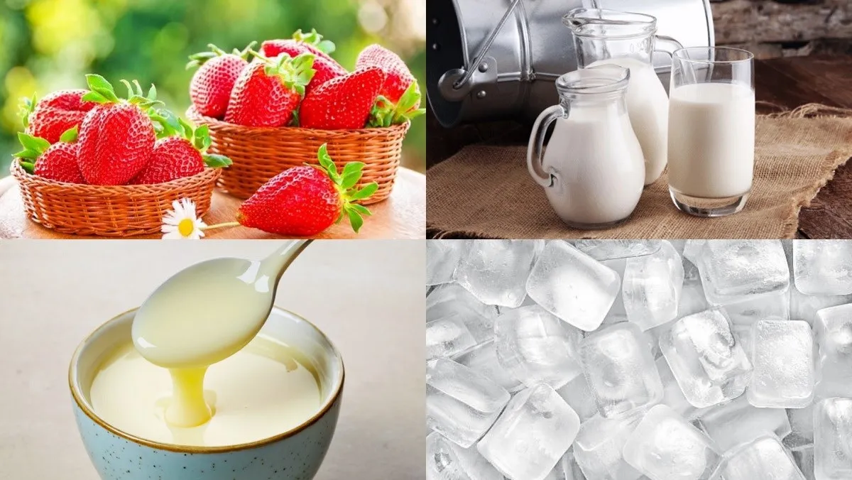 Nguyên liệu làm sinh tố dâu tây gồm dâu tươi, sữa tươi, sữa đặc và đá viên