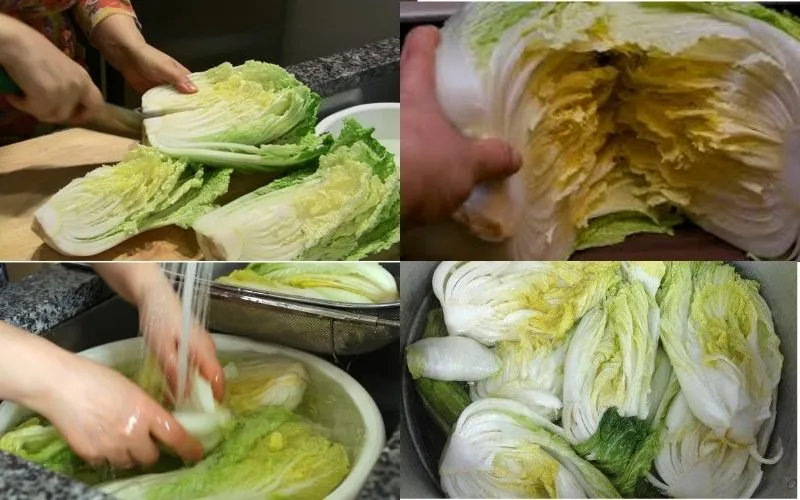 Công đoạn sơ chế cải thảo tỉ mỉ và ướp muối tinh trước khi trộn gia vị muối kim chi chuẩn vị