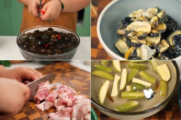 Sơ chế ốc bươu, thịt ba rọi, chuối xanh