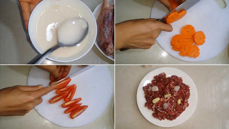 Thái thịt trâu và sơ chế các loại rau củ cho món lẩu