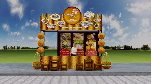 Gian hàng ẩm thực với mái lá và cột tre nguyên khối