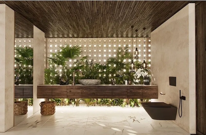 Vật liệu dễ lau chùi và bền bỉ kết hợp hài hòa với gỗ, đá giúp giữ không gian sạch sẽ, an toàn mà vẫn thân thiện với thiên nhiên