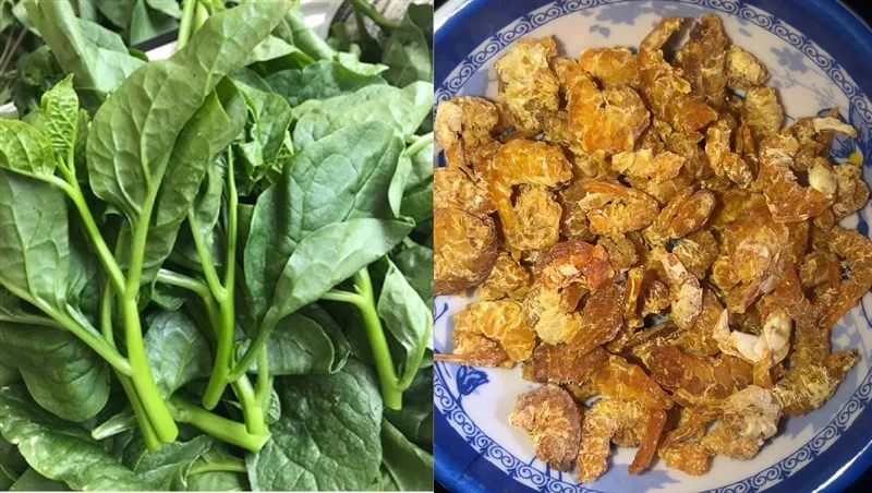 Hình ảnh nguyên liệu rau mồng tơi và tôm khô chuẩn bị cho công đoạn chế biến
