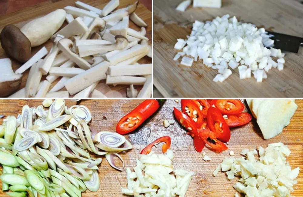 Nguyên liệu làm món thịt băm rang sả tỏi và nấm đùi gà