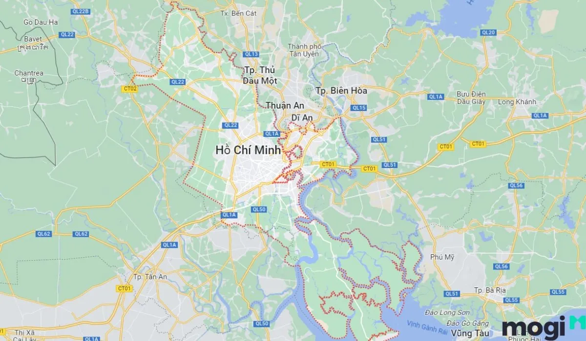 Bản đồ hành chính TP.HCM với các quận huyện được đánh dấu màu sắc khác nhau