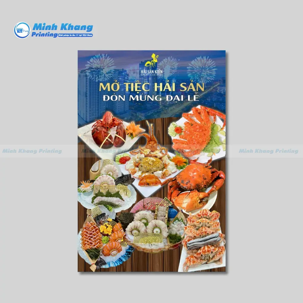 Mẫu tờ rơi quảng cáo đồ ăn Nhà Hàng Hải Sản Kiến với hình ảnh tươi sống