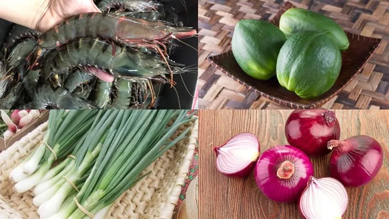 Nguyên liệu chính bao gồm đu đủ mỏ vịt và tôm tươi đã được chuẩn bị sẵn sàng