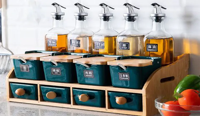 Bộ đựng gia vị thông minh 2 tầng kèm bình đựng dầu thủy tinh