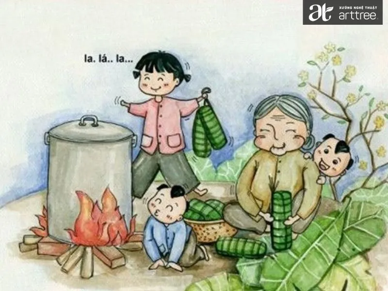 Tổng hợp những tranh vẽ nấu bánh chưng ngày tết (Nguồn tham khảo)