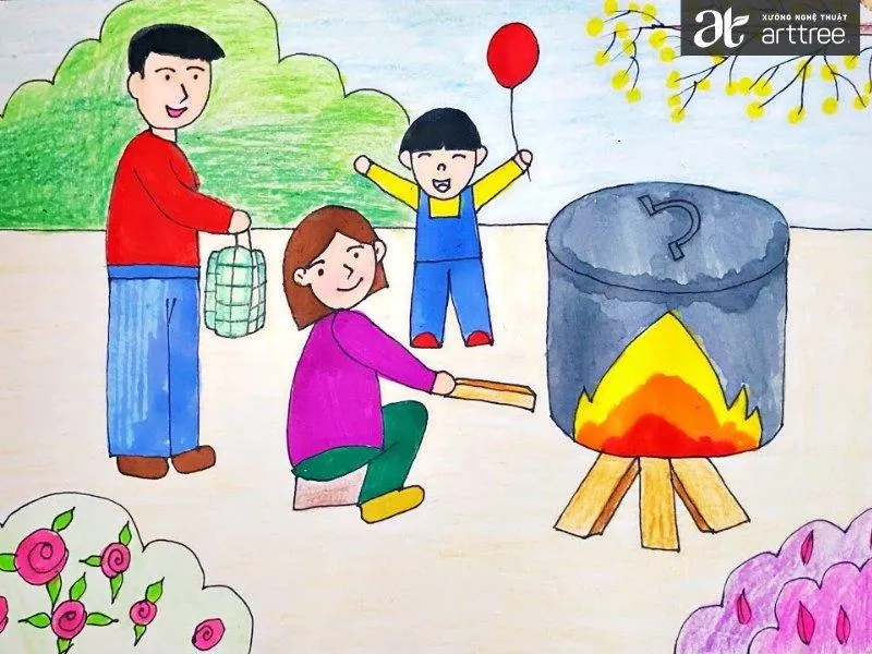 Tổng hợp những tranh vẽ nấu bánh chưng ngày tết (Nguồn tham khảo)
