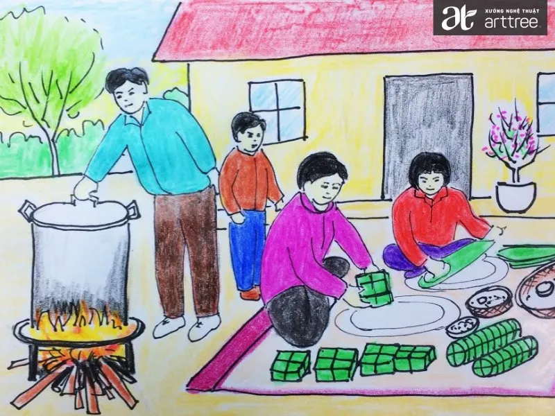 Tổng hợp những tranh vẽ nấu bánh chưng ngày tết (Nguồn tham khảo)