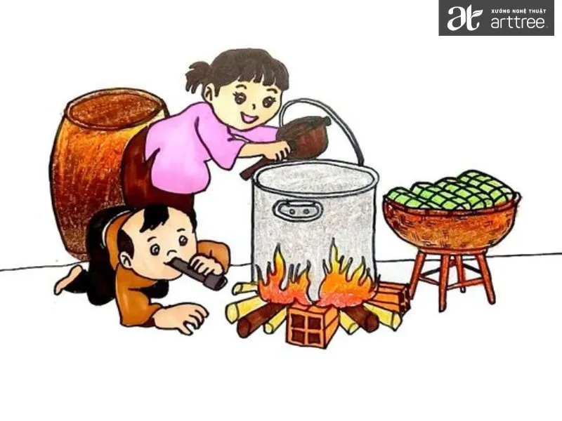 Tổng hợp những tranh vẽ nấu bánh chưng ngày tết (Nguồn tham khảo)