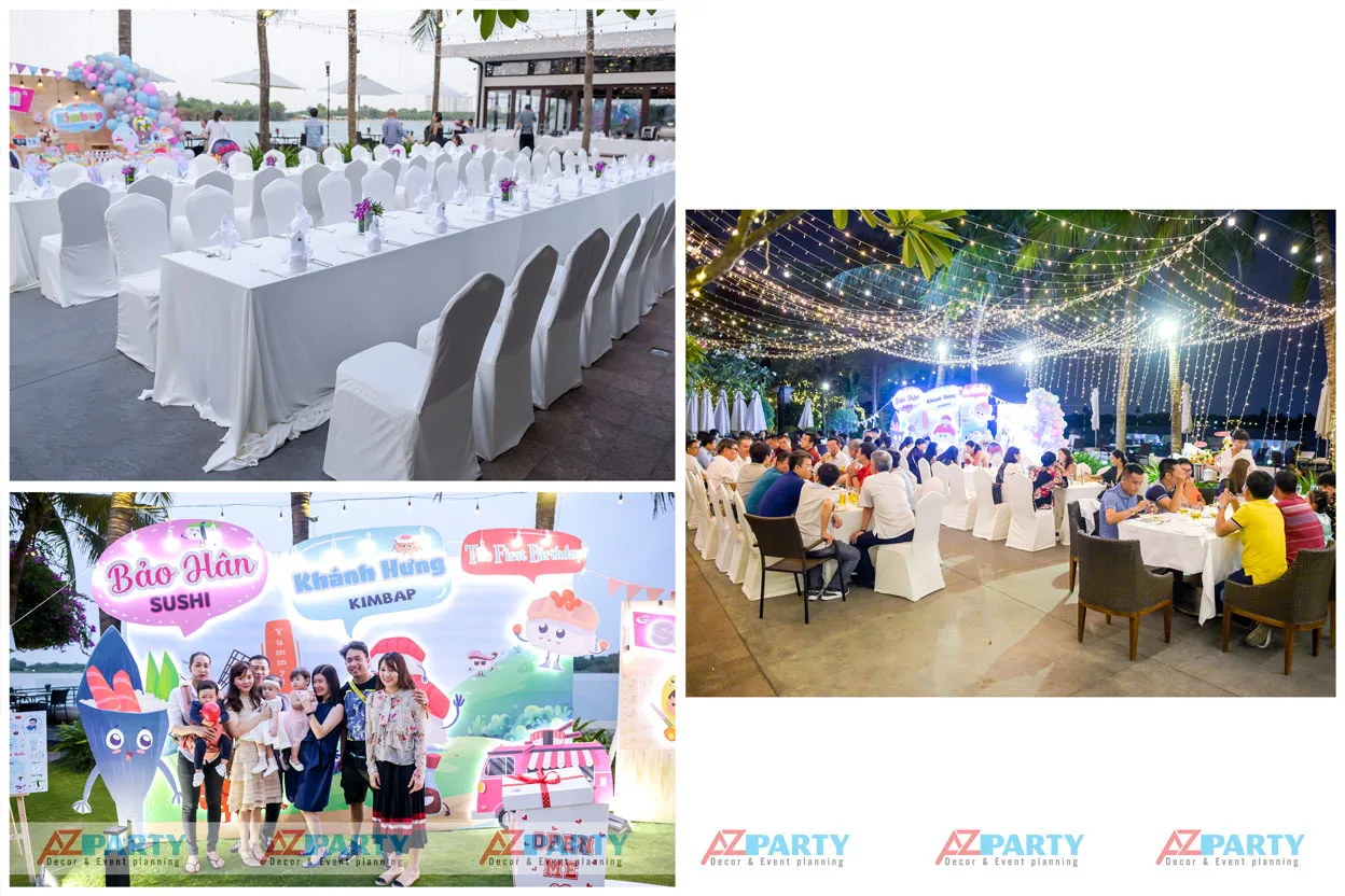 Bàn tiệc được trang trí tinh tế phù hợp với chủ đề sinh nhật