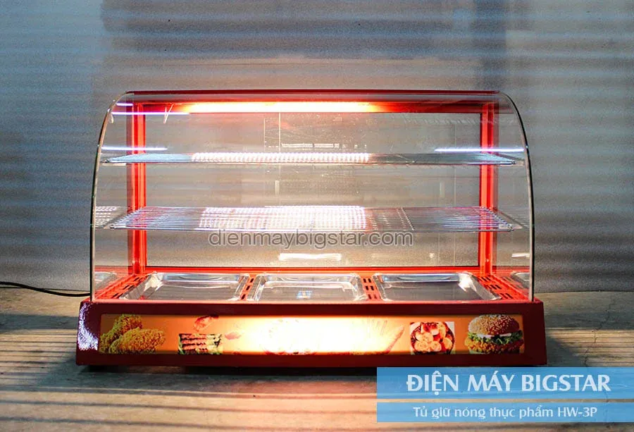 Cận cảnh tủ giữ nhiệt gà rán mặt kính cong thẩm mỹ