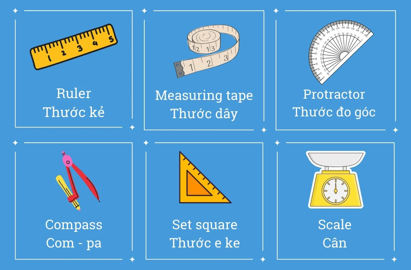 Thước kẻ, com-pa và thước đo góc trong bộ dụng cụ học toán