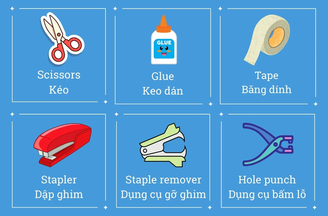 Kéo, keo dán và băng dính trong bộ dụng cụ thủ công