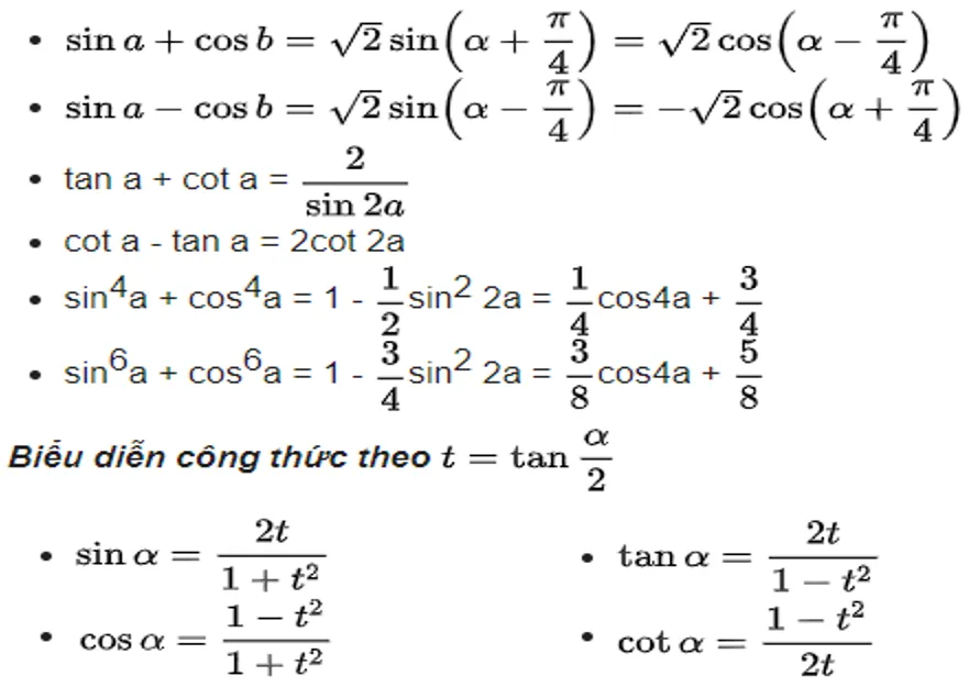 công thức lượng giác lớp 10