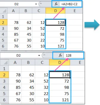 Ví dụ bảng tính Excel với công thức cần chuyển đổi thành giá trị