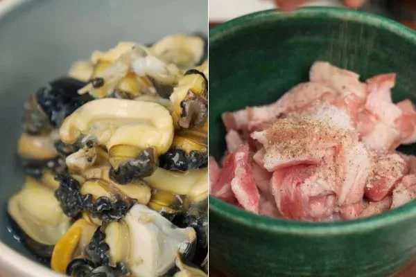 Ướp gia vị cho ốc bươu và thịt ba rọi