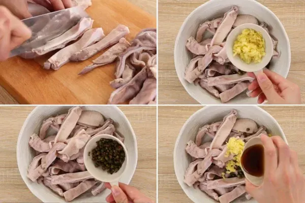 Ướp bao tử đã cắt miếng với gia vị và tiêu xanh giã nhuyễn