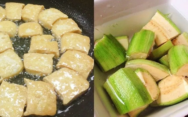 Chuối xanh được ngâm nước muối và đậu hũ chiên vàng chuẩn bị cho công đoạn nấu