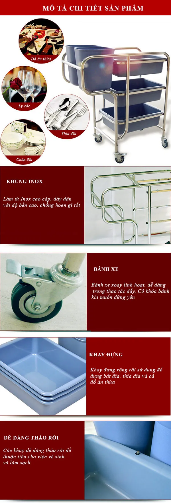 Bảng mô tả chi tiết sản phẩm xe dọn đồ