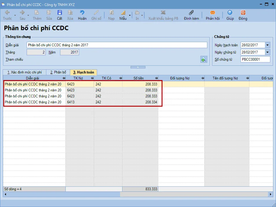 Bút toán hạch toán phân bổ CCDC