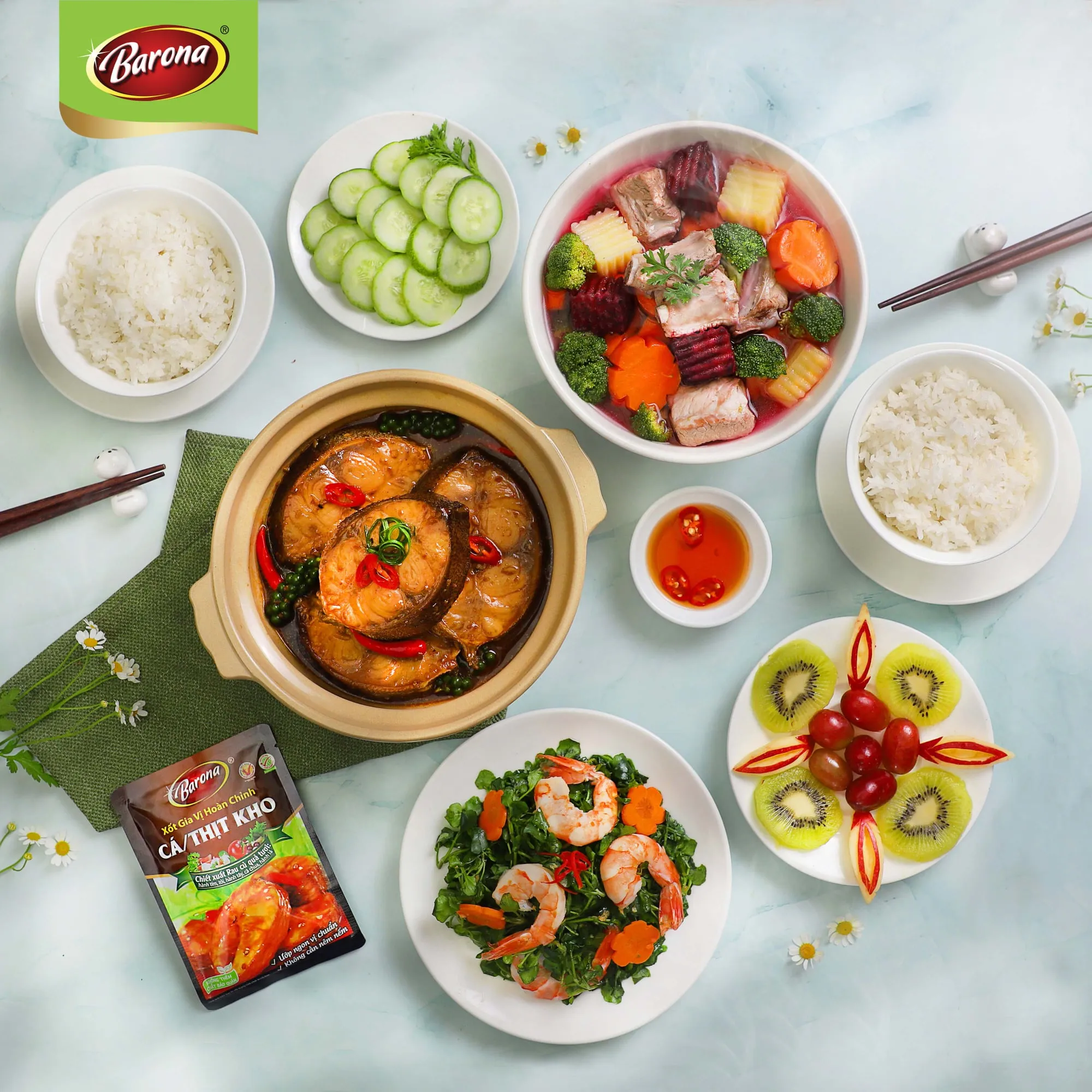 Thành phần chiết xuất rau củ quả tươi trong gói gia vị kho cá Barona