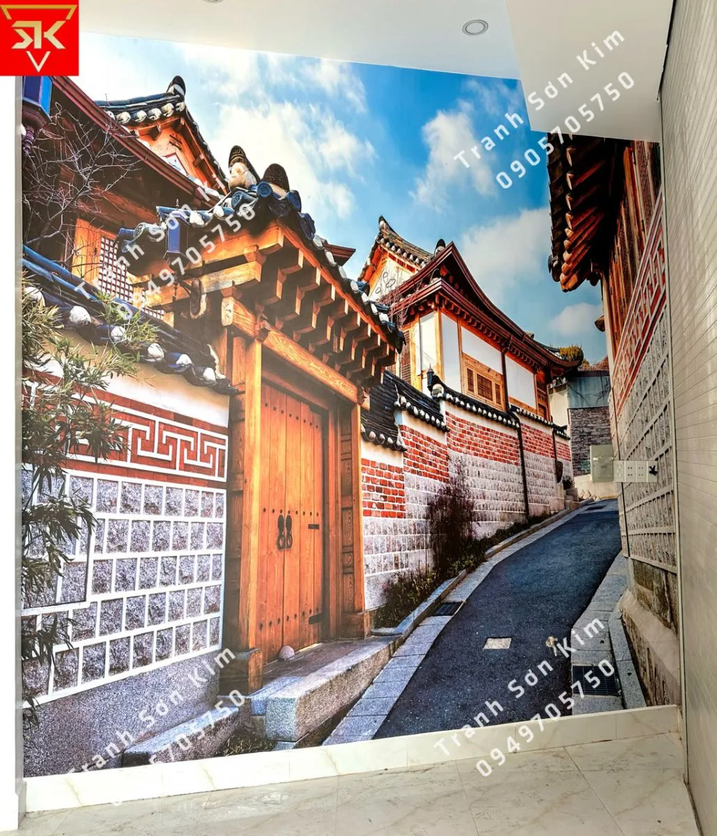 thi công tranh dán tường phong cảnh Hàn Quốc cho quán mì cay.