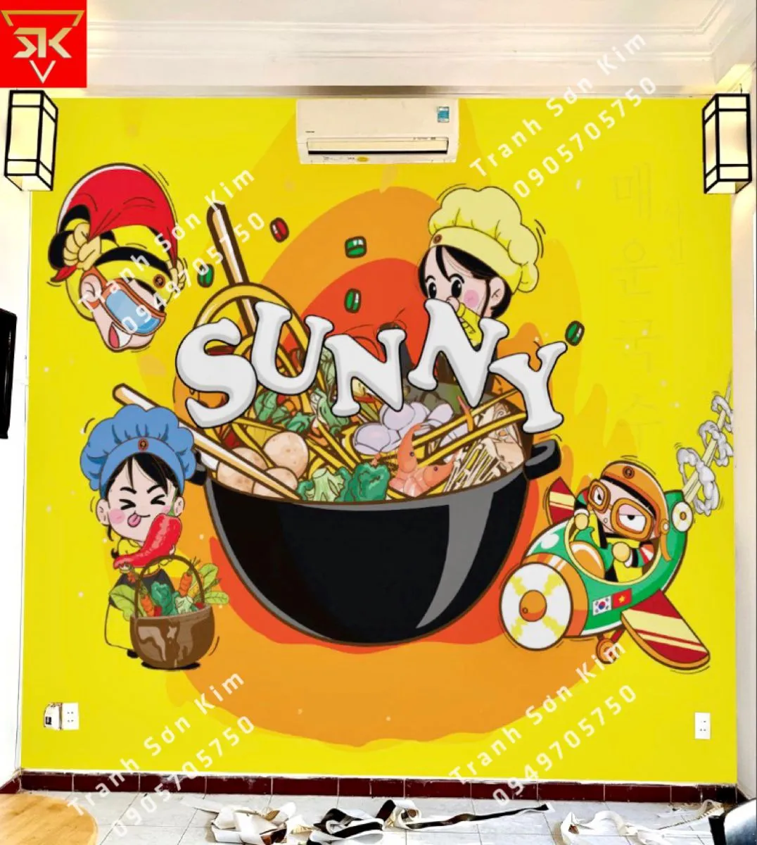 thi công tranh dán tường 3D cho quán mì cay Sunny mẫu mới