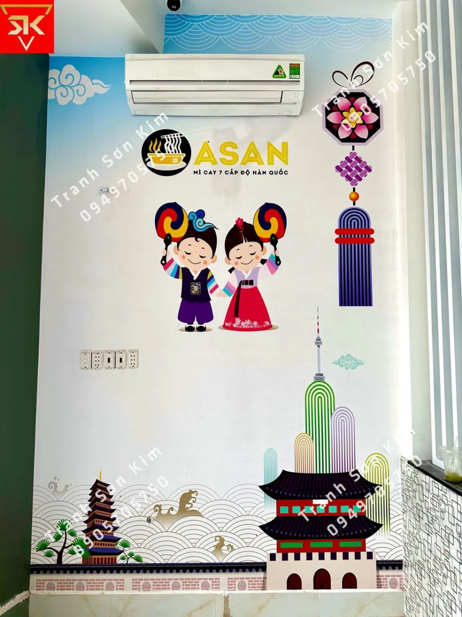 thi công tranh dán tường 3D cho quán mì cay với thiết kế hiện đại nhất