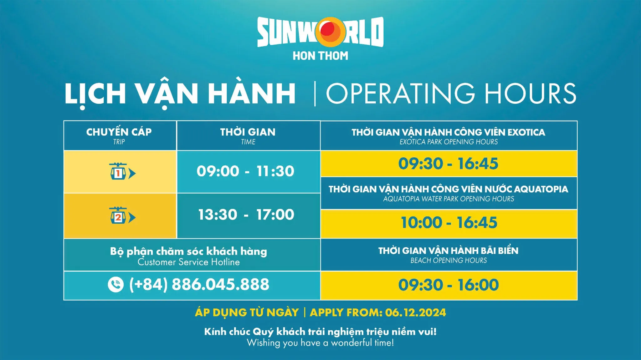 Lịch vận hành cáp treo luôn được cập nhật sớm nhất tại website và fanpage của Sun World Hon Thom